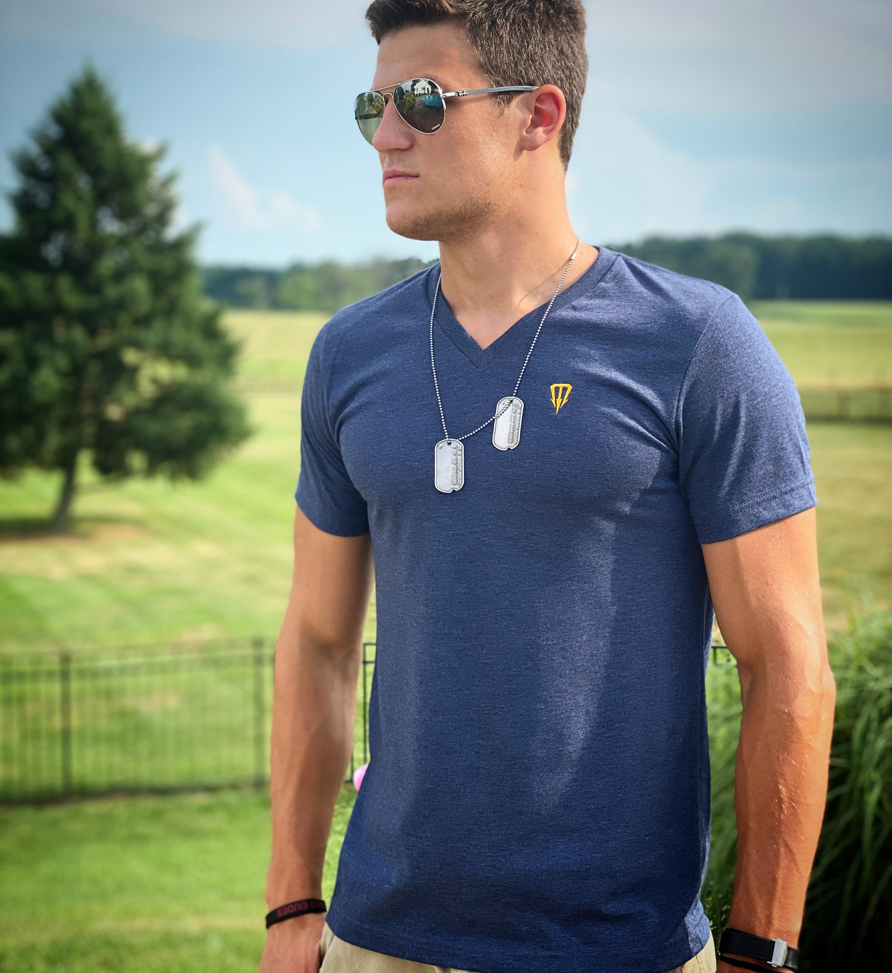 Heather Navy Blue V-Neck T-Shirt with Embroidered Classic Gold Trident - Oarsmen Harpoon 